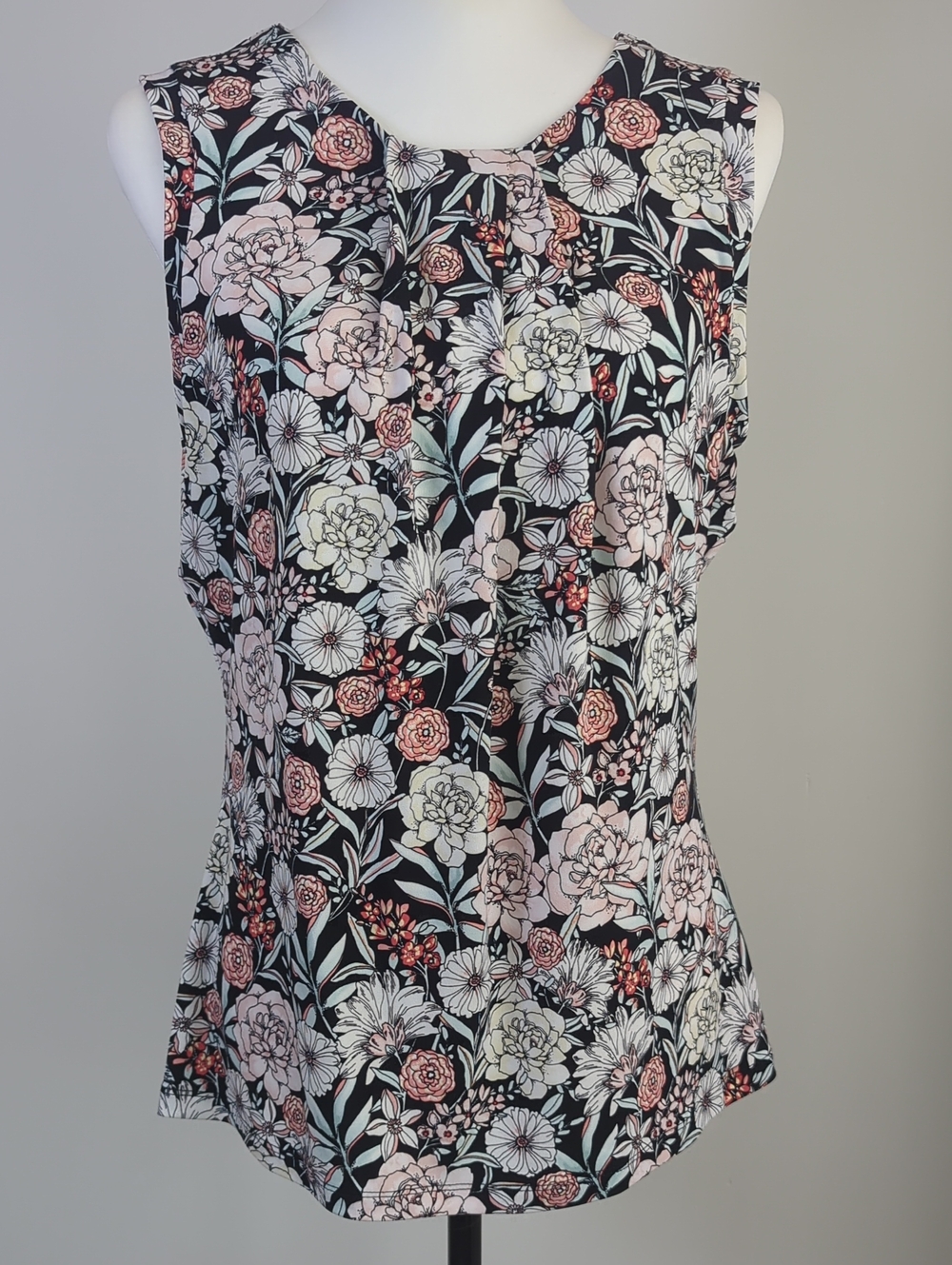 Karl Lagerfeld Paris Sleeveless Floral Blouse Pleated High Neck Black Pink LARGE